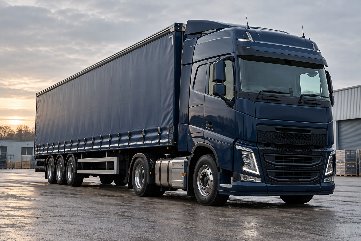 Illustrative articulated lorry at a transport yard